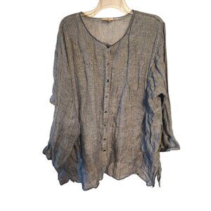 Eileen Fisher 3X Blue Linen Tunic Top Button Front Pockets Lagenlook Art to Wear